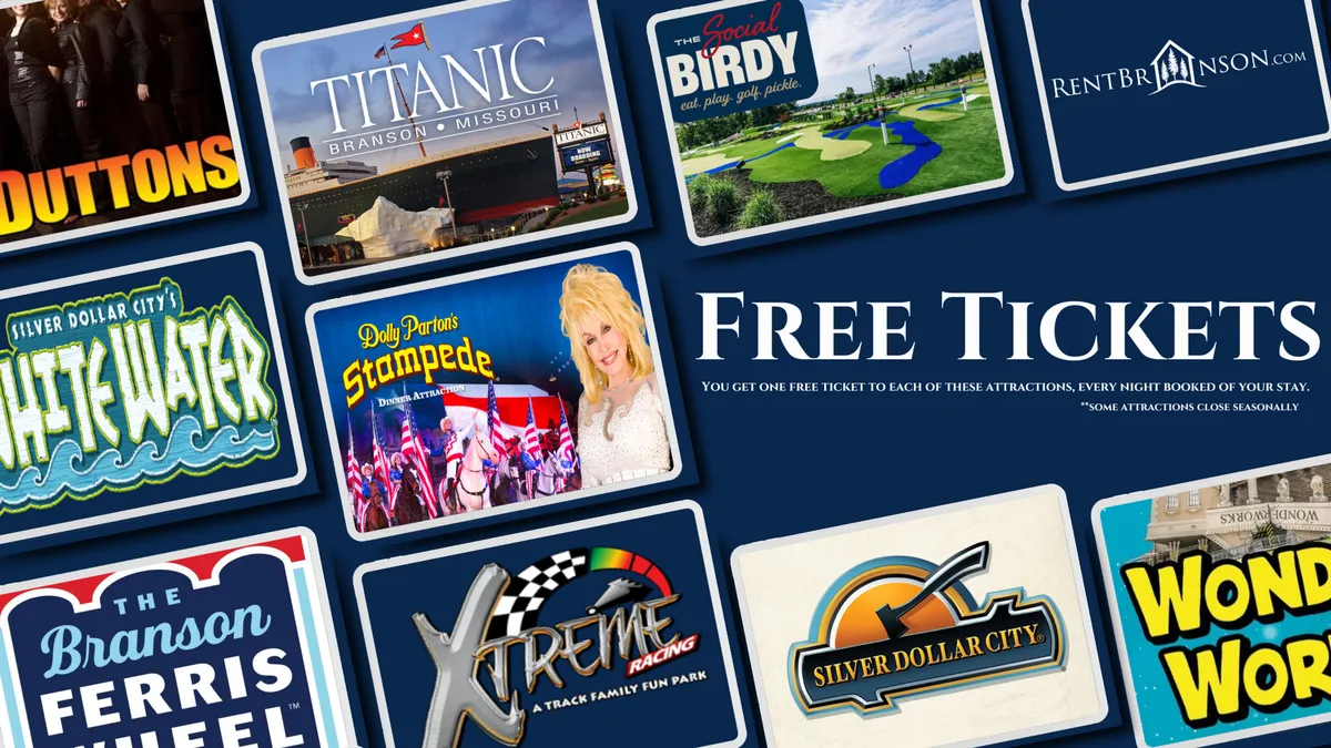 A brightly colored interior display featuring 'Free Tickets' text and logos for local attractions. The energetic design alludes to exciting outings, shows, and family-friendly fun outside the home.